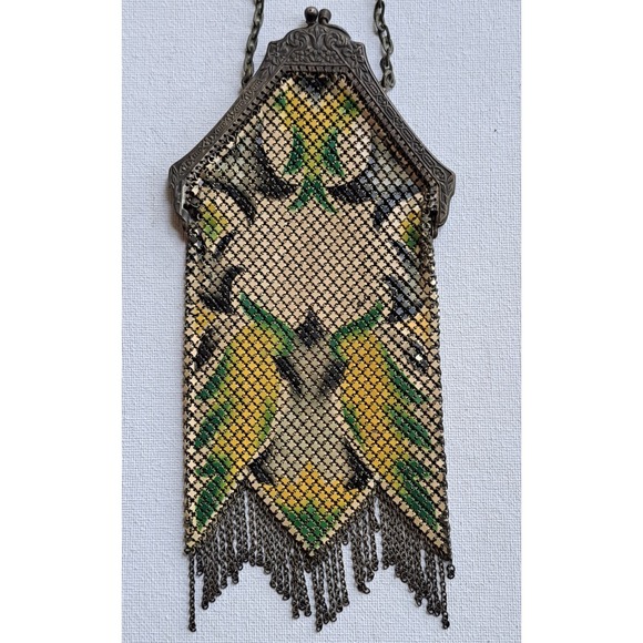 Antique Art Deco Mandalian Enamel Mesh Flapper Purse
